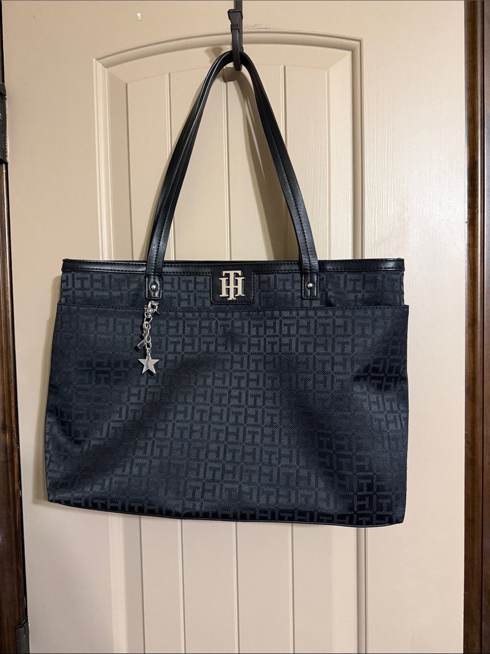 Tommy Hilfiger Black Jacquard Logo Tote with Star Charm